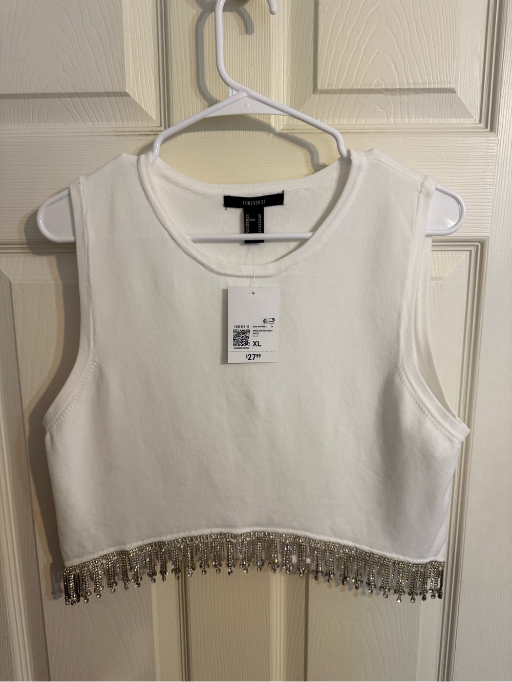 White Cropped Tank with Silver Beaded Fringe